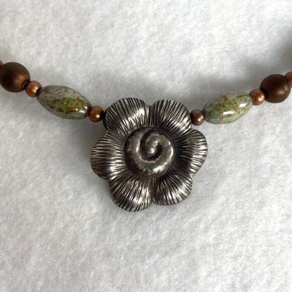 Sterling Silver 925 Floral Flower Bronze Green Glass Beaded Necklace 19.5" - Picture 12 of 16